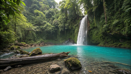 Majestic waterfall cascading into a vibrant turquoise pool surrounded by lush tropical rainforest and verdant greenery