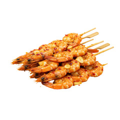 Grilled shrimp skewers served on a plate with vibrant garnishes and a sunny backdrop