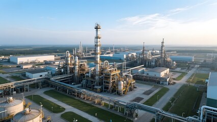 Aerial View of an Industrial Chemical Plant with Pipelines and Storage Tanks