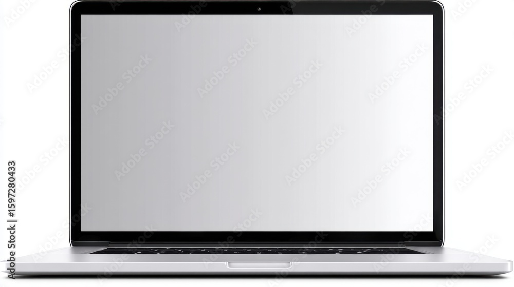 Poster a sleek laptop with a blank screen rests on a tidy desk surrounded by minimal decor. natural light f