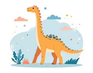 Flat illustration of a Brachiosaurus with long neck, drawn in rough charcoal sketch style, abstract shapes and uneven outlines, perfect for kids' eco-friendly fashion