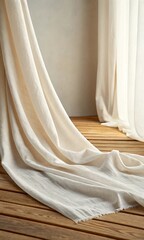Elegant Draped Linen Fabric on Wooden Floor Backdrop