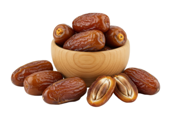 A wooden bowl filled with fresh, glossy dates, surrounded by scattered dates and pits (1)