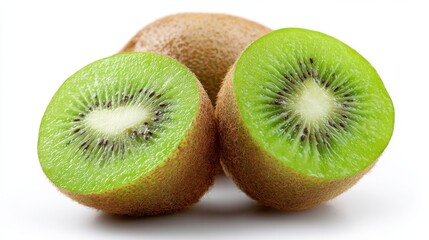 Fototapeta premium Kiwifruit halves display their bright green interior with tiny black seeds. The smooth brown skin contrasts with the vivid flesh, highlighting the fruit's freshness and natural appeal.