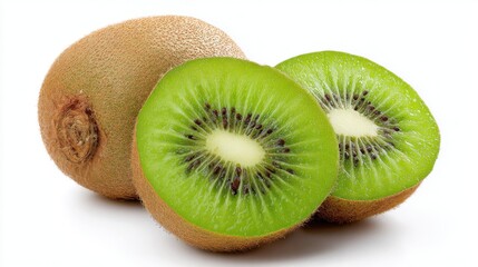 Fototapeta premium Two whole kiwis with a vibrant green interior are sliced in half, revealing their unique texture and seeds. The fruit is displayed on a clean, white surface, emphasizing freshness.