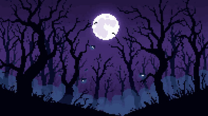 Fototapeta premium Pixelated Spooky Forest at Night with Full Moon