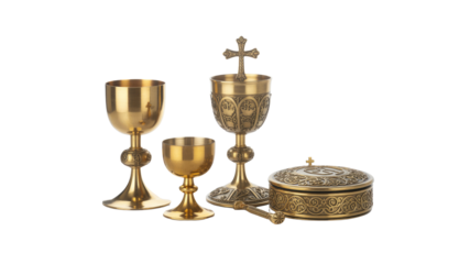 Ornate Gold-toned Chalice, Ciborium, and Paten Set for Religious Ceremony