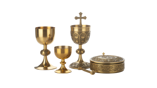 Ornate Gold-toned Chalice, Ciborium, and Paten Set for Religious Ceremony