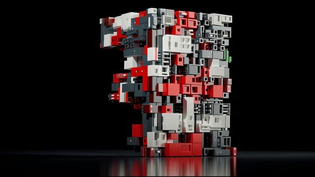 3D Letter F Morphing, Constructed from Abstract Technological Blocks