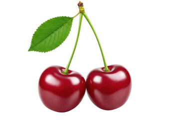 Two ripe cherries with green leaves, isolated on a white background, ideal for food photography