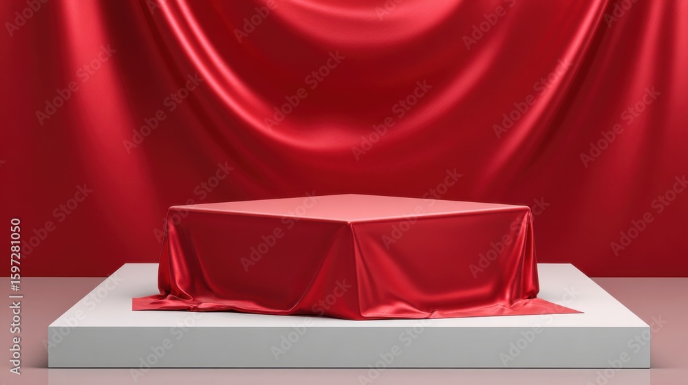 Aufkleber a red draped table is prominently displayed on a white platform in a contemporary indoor setting. th