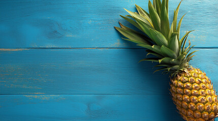 Tropical Delight: A single, vibrant pineapple rests gracefully on a rustic, textured blue wooden surface, inviting the senses with its refreshing appeal.