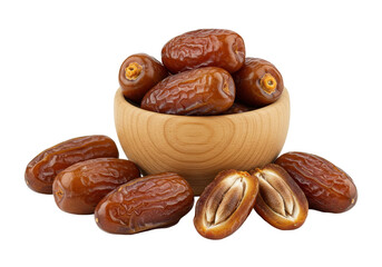 A wooden bowl filled with fresh dates, surrounded by scattered dates on a white background