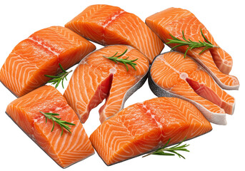 Fresh salmon fillets arranged with herbs on a clean surface, ready for cooking