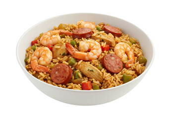 A vibrant bowl of shrimp jambalaya with sausage and vegetables on a white background