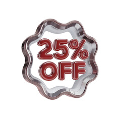25% Off Sale: Modern Red Glossy 3D Badge, Silver Frame, Elegant Discount Promotion