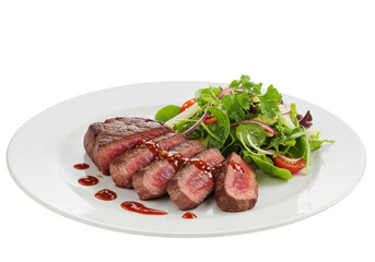 Juicy steak slices drizzled with sauce served alongside a fresh garden salad