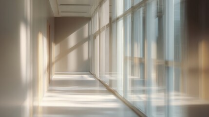Obraz premium The minimalist hallway illuminated by natural light through large glass windows.