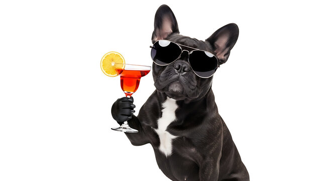 French bulldog with sunglasses drinking cocktail summer fun dog party animal