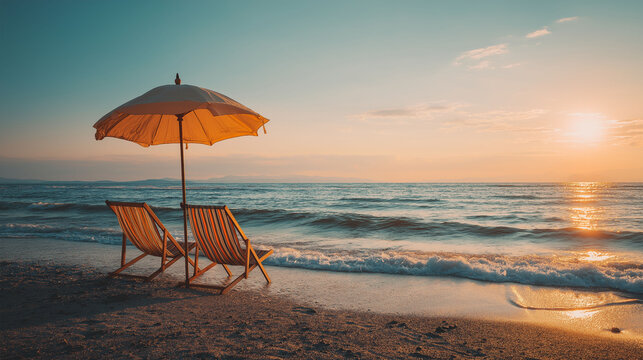 Seaside Serenity: Two beach chairs sit under an open umbrella, with the sea as a backdrop, capturing the golden hues of the setting sun, inviting tranquility.