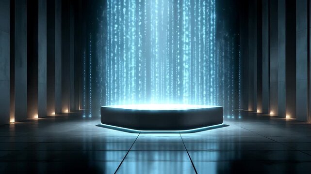 Futuristic Illumination A Stage Awash in Neon Blue, Ideal for Tech Presentations and Creative Displays, with a Striking Modern Aesthetic