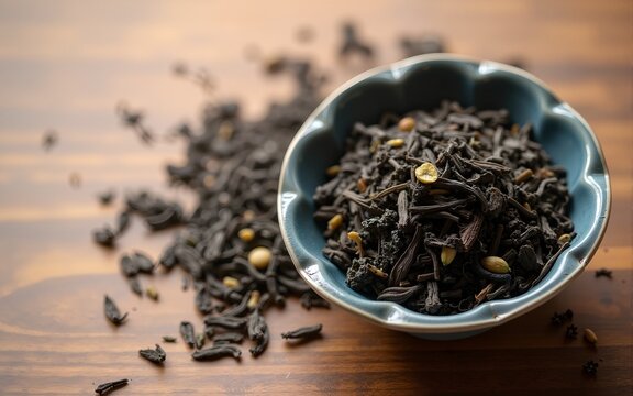 Chinese tea Da Hong Pao Oolong Tea. Dry loose Chinese tea leaves on wooden background. Space for text. High quality