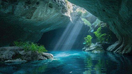 Naklejka premium Sunlight streams through cave opening illuminating turquoise water and lush green vegetation inside.