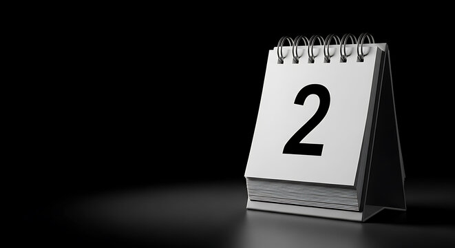 Black and white image of a desk calendar showing the number two