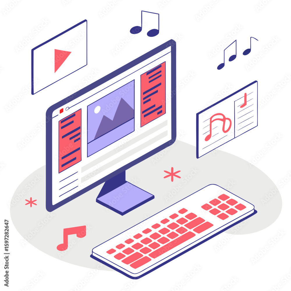 Fototapete digital creative: an isometric depiction of a computer setup featuring a monitor displaying media an