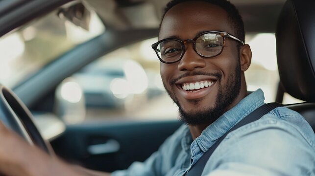 Smiling African American man driving car, wearing glasses