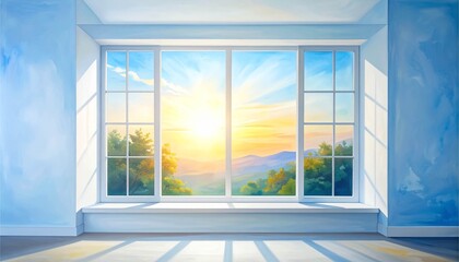 Fototapeta premium 部屋 窓 朝日 光 水彩 アナログタッチ イラスト素材