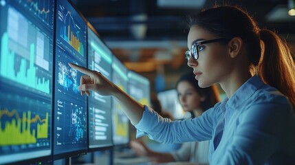 Analyst reviews financial data on multiple computer screens