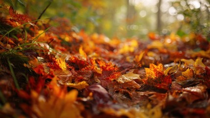 The colorful autumn leaves blanketing the forest floor in soft sunlight.