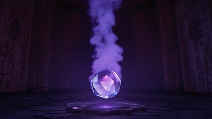 Mystical gem floats in a dimly lit, ancient chamber.  Purple smoke swirls around a large, faceted crystal orb. - Powered by Adobe