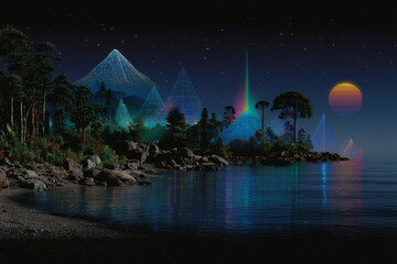 Mountains Reflected Water Night Scenery Stars Lake Trees Vibrant Landscape Digital Light Silhouette Horizon Sunset Tranquility Forest Artistic Glowing Fantasy Panoramic Visual Atmosphere