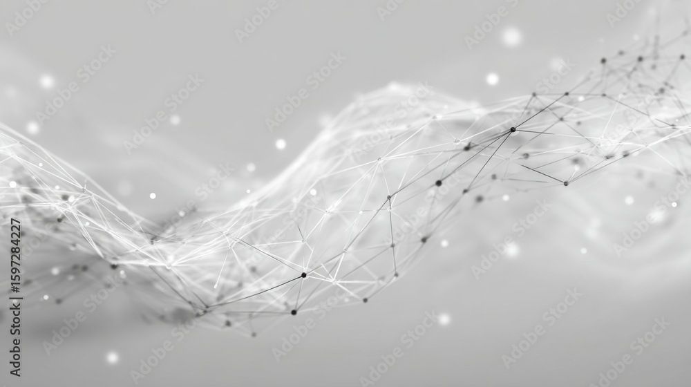 Fototapete Interconnected lines and nodes flow gracefully across a soft gray background, creating an abstract digital representation of data and movement. The delicate particles add a subtle depth.