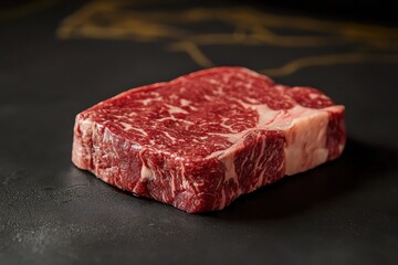 Fototapeta premium Rib eye wagyu meltique displayed on a dark surface, capturing exquisite marbling and texture