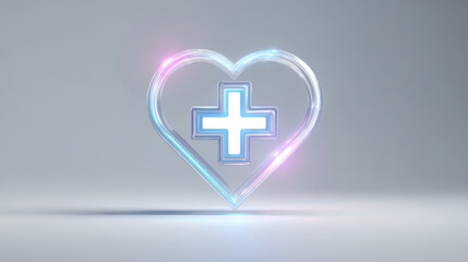 Obraz premium Health care symbol with glowing heart and medical cross on gray background, representing wellness and medical support