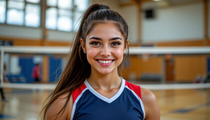 Young female volleyball player smiling confidently in gymnasium with net in background, ready for action and enjoying sport