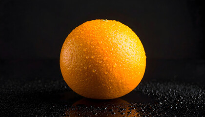 Vibrant Orange Fruit with Water Droplets on Black Reflective Surface
