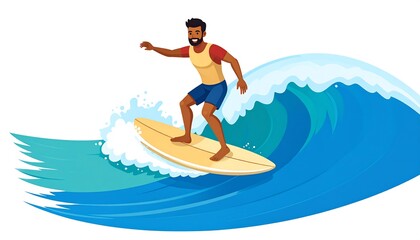 Happy Surfer Riding Ocean Wave - Flat design