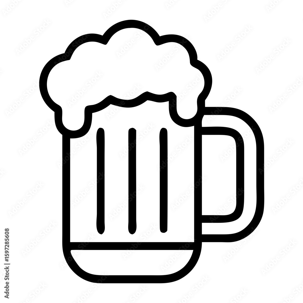 Poster vector illustration of a beer mug icon with a handle and a large head of foam in a simple black and 