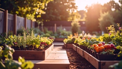 Obraz premium Sunset Garden Vegetables Raised Beds - Sustainable Living