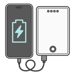 スマートフォンとUSBケーブルで接続・充電中のモバイルバッテリー、白色・ホワイト