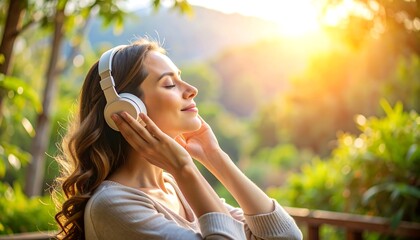 Woman Relaxing with Headphones in Nature - Golden Hour