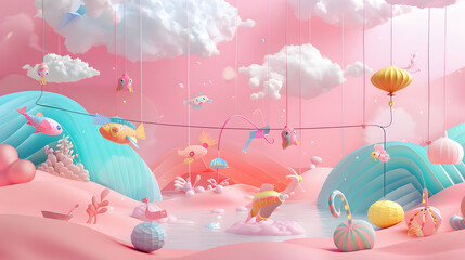 Whimsical 3D illustration of a fantastical fish