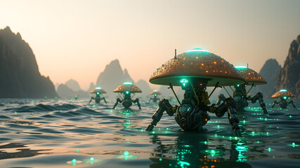 Titan Seashore Robotic Mushroom Farm Hexapod Pickers Bioluminescent Glow Orange Sky Hyper Realistic Futuristic Scene