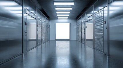 The sleek storage hallway showcasing organized units with bright lighting.