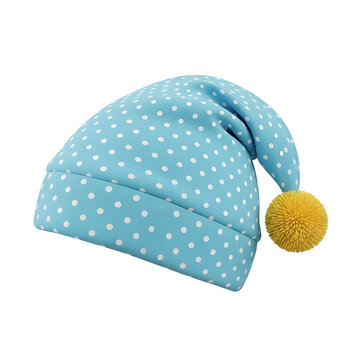 Light blue polka dot sleeping cap with yellow pompom detail, perfect for a restful night's sleep and sweet dreams, evoking comfort and relaxation