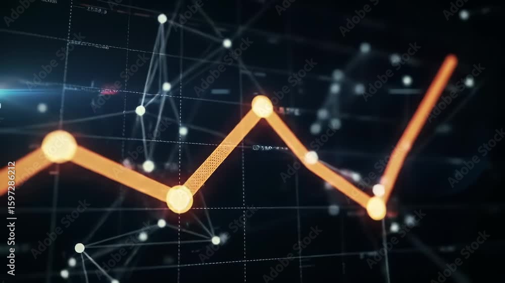 Poster orange line graph data visualization and digital chart with futuristic interface, glowing points, an